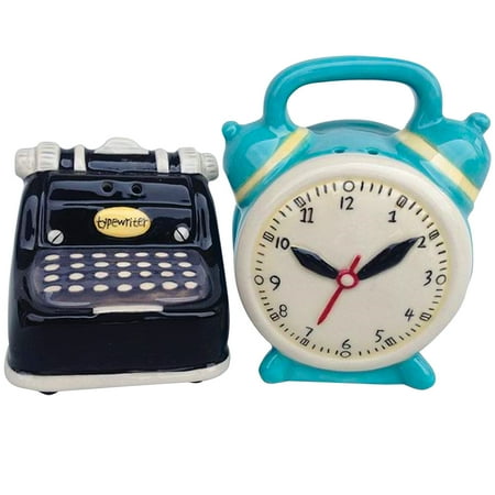 Salt Glaze Crock - Typewriter And Clock Salt & Pepper Shakers - Handpainted Glazed Stoneware