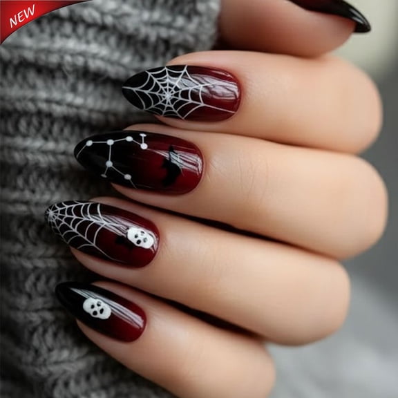Halloween Acrylic Press On Nails Full Cover Fake False Nails Reusable Spider Web Skull Gothic Medium Almond Stick On DIY Manicure Nail Kit 24 Pcs For Women Girls Halloween Dark Party Daily Cosplay