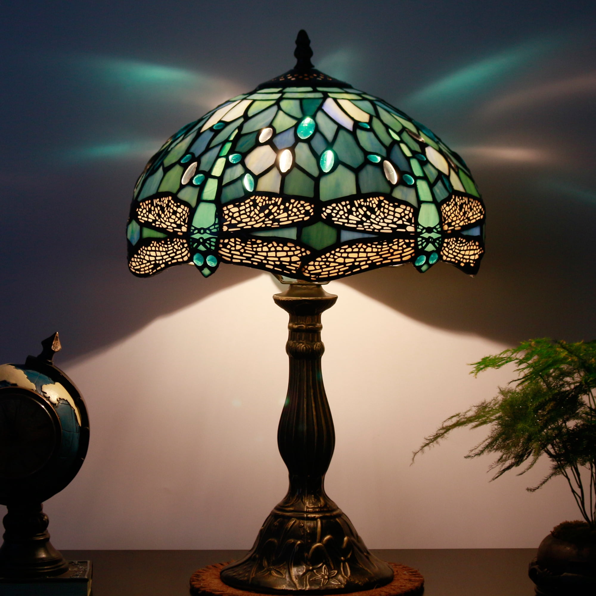 Tiffany Lamp Table Lamp Sea Blue Stained Glass Dragonfly Style Luxurious Boho Banker Memory Lamp Sympathy Nightstand Reading Desk Light 18" Tall Bedside Bedroom Living Room Farmhouse Hotel