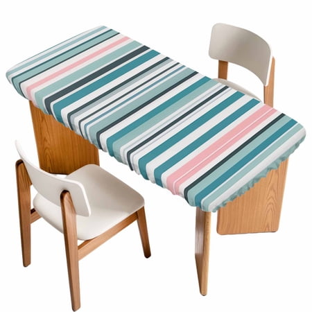 Colored Stripes Table Cloths for 4 Foot Rectangle Tables Modern Abstract Pink Blue Turquoise Lines Patio Waterproof Elastic Fitted Tablecloths Washable Rectangular Table Cover for Camping