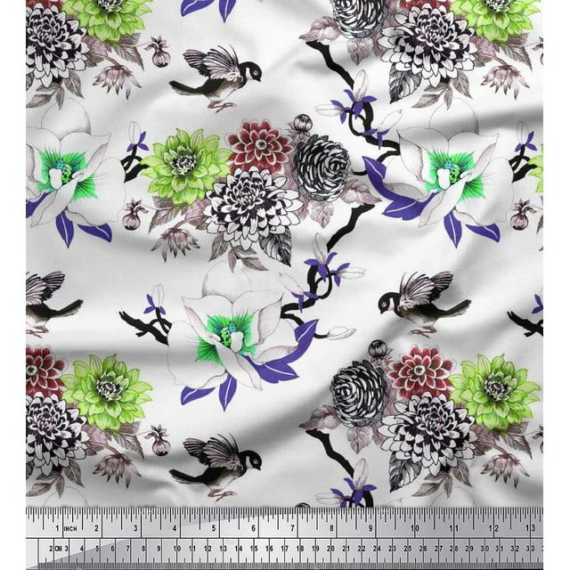 Soimoi Green Polyester Crepe Fabric Bird,Leaves & Floral Decor Fabric Printed BTY 52 Inch Wide