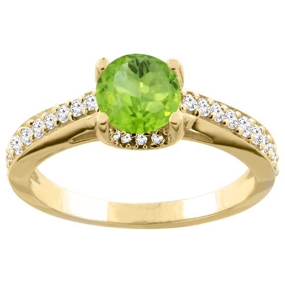 14K Yellow Gold Natural Peridot Ring Round 6mm Diamond Accents 1/4 inch wide, size 6