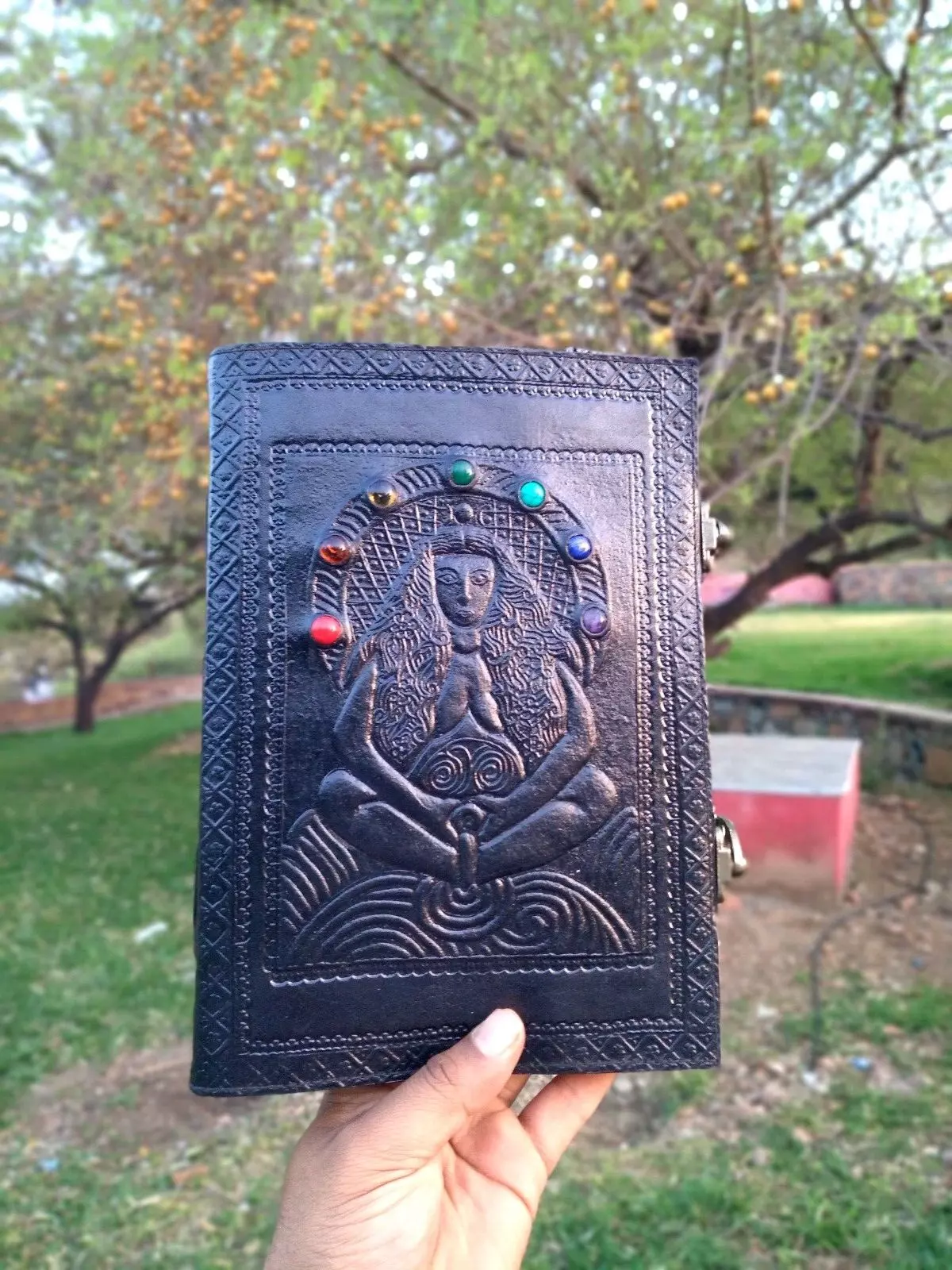 Handcrafted Embossed Vintage Design Leather Bound Journal Diary 7 Stone Grimoire Spell Blank Notebook For Men & Women