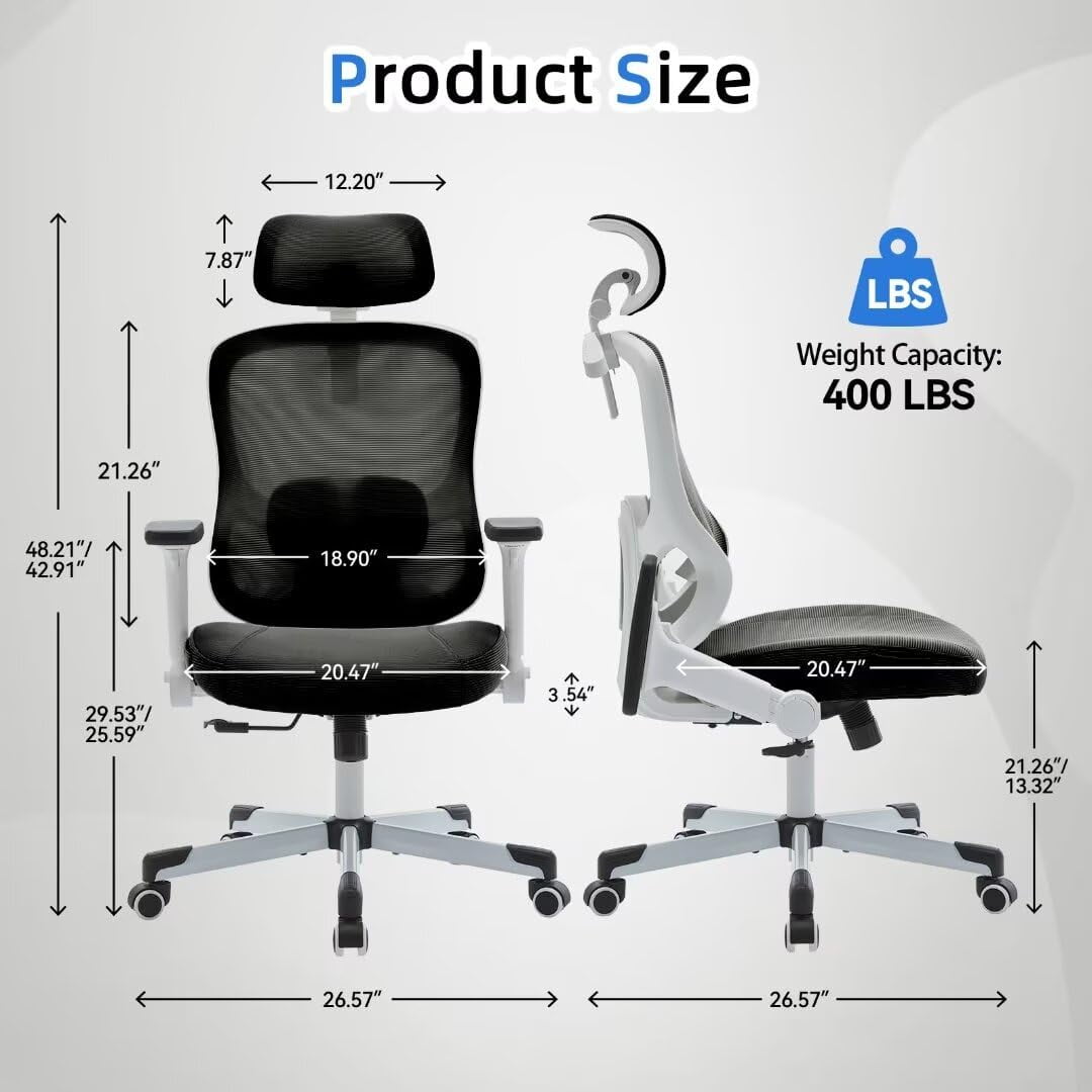 Frelaxbone Adult Mesh High Back Indoor Residential Adjustable Armrest Office Chairs, Caster  White