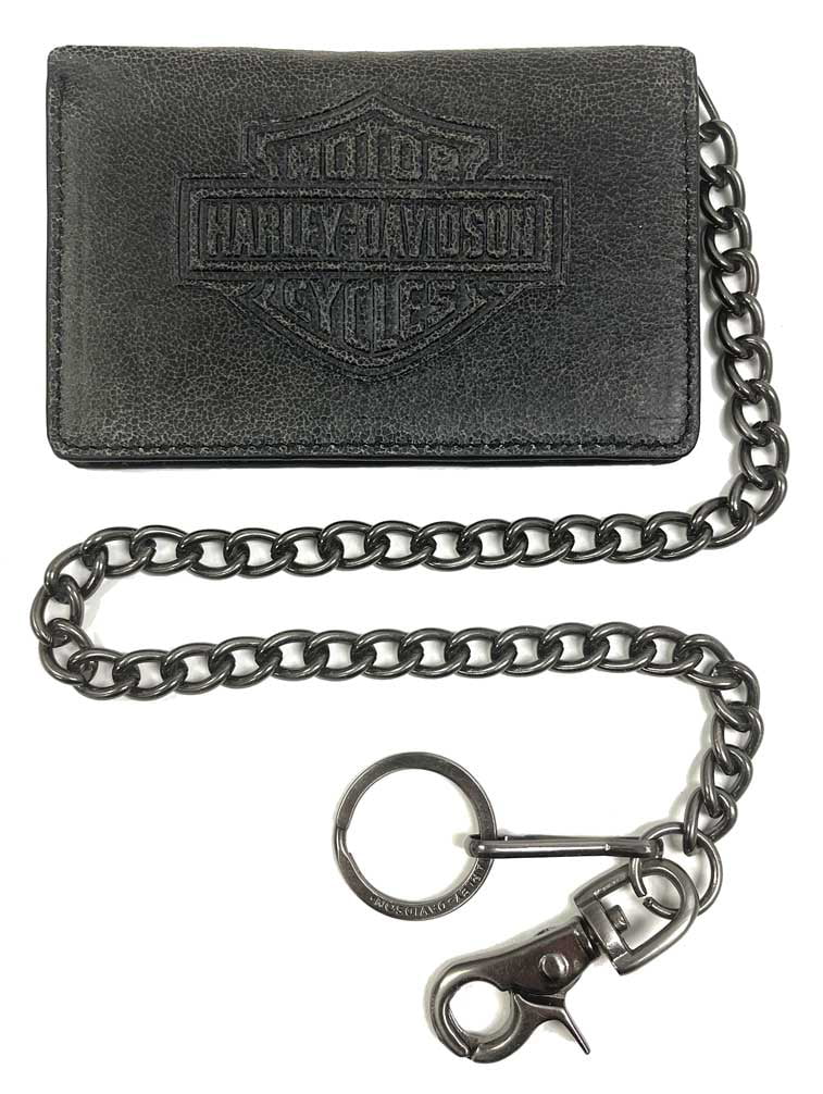 Harley-Davidson® Men's Skull Tri-Fold Biker Chain Black Leather Wallet UN4663L 