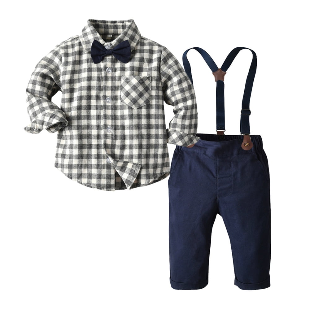 IDOPIP Toddler Kids Baby Boys Gentleman Outfit Striped Shirt with Bowtie + Long Suspender Pants Overalls Clothes Wedding Baptism Formal Suit