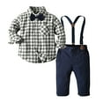 thumbnail image 6 of IDOPIP Toddler Kids Baby Boys Gentleman Outfit Striped Shirt with Bowtie + Long Suspender Pants Overalls Clothes Wedding Baptism Formal Suit, 6 of 11