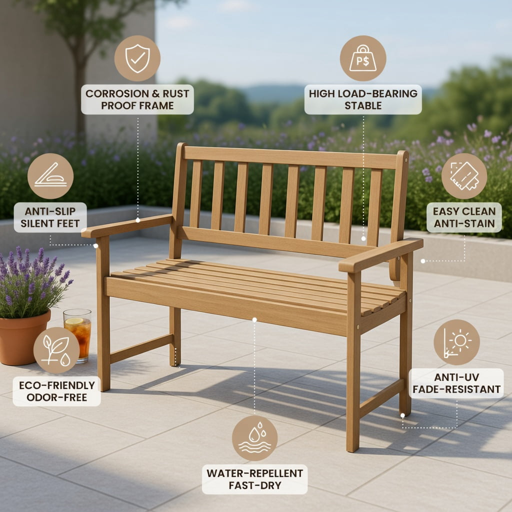 Hommoo Indonesia Teak Wood Outdoor Garden Bench for 2, Rustic Patio & Backyard Seating with Backrest, Armrests & Slatted Design, Natural
