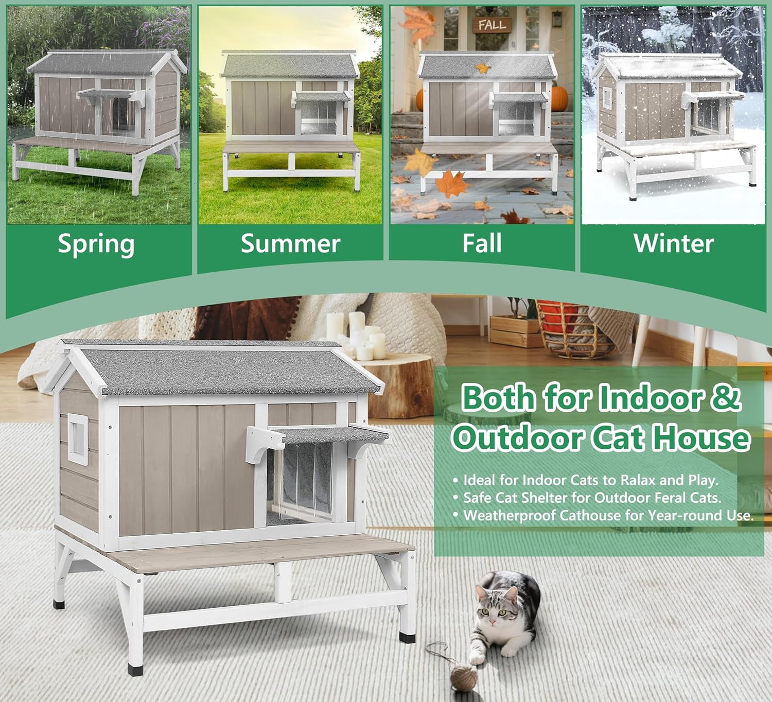 Gowoodhut Insulated Cat House Weatherproof Outdoor Cats Shelter Platform for 1-3 Community Cats Small Pets
