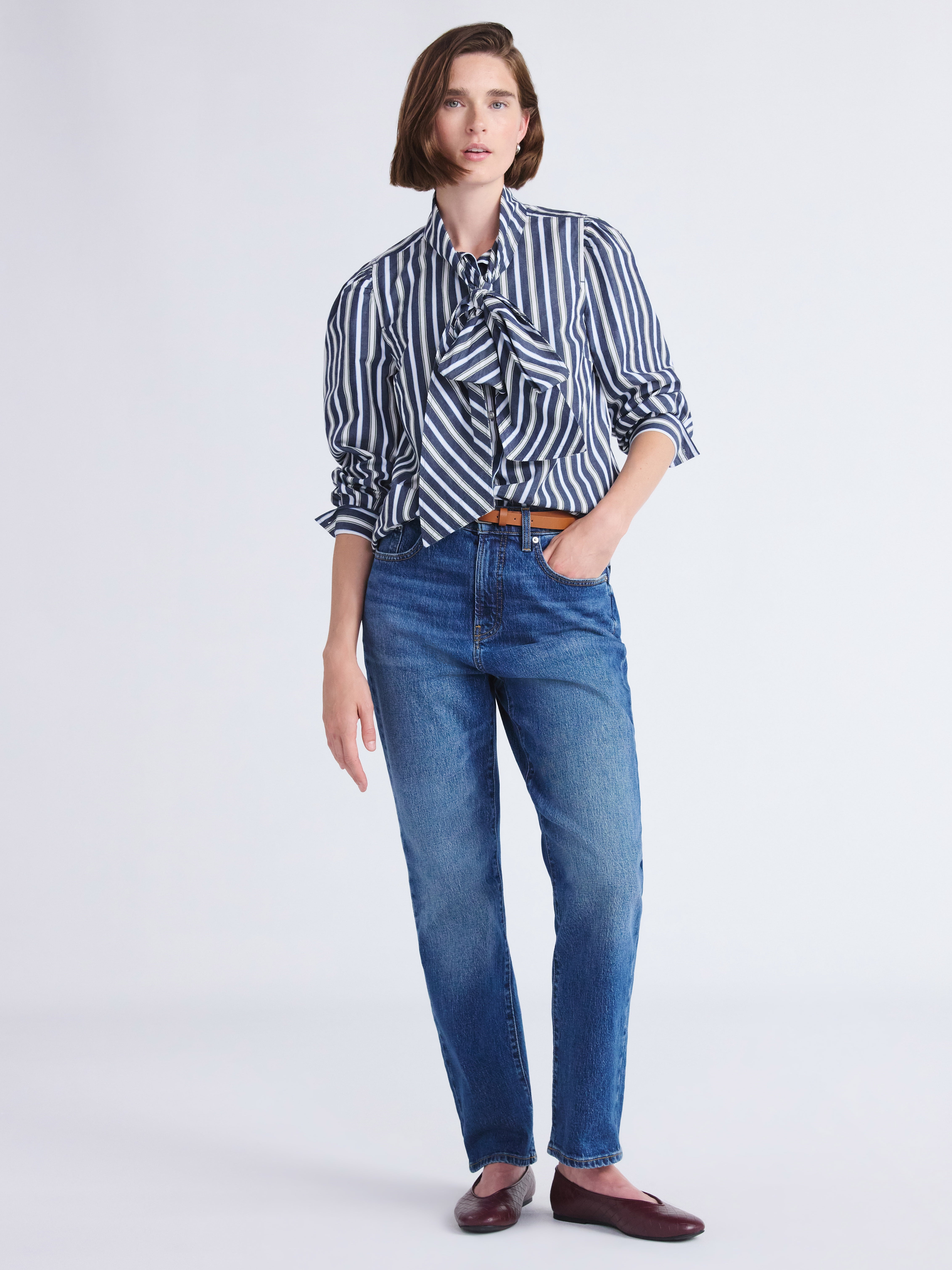 Free Assembly Women's Cotton Tie Neck Blouse with Long Puff Sleeves, Sizes XS-XXL