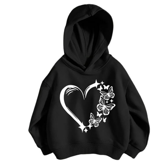 LIIPEE Girls Boys Hoodies Cartoon Love Heart Butterfly Printed Long Sleeve Pullover Hooded Sweatshirt Child Cute School Sweatshirts,Black,5-6 Years