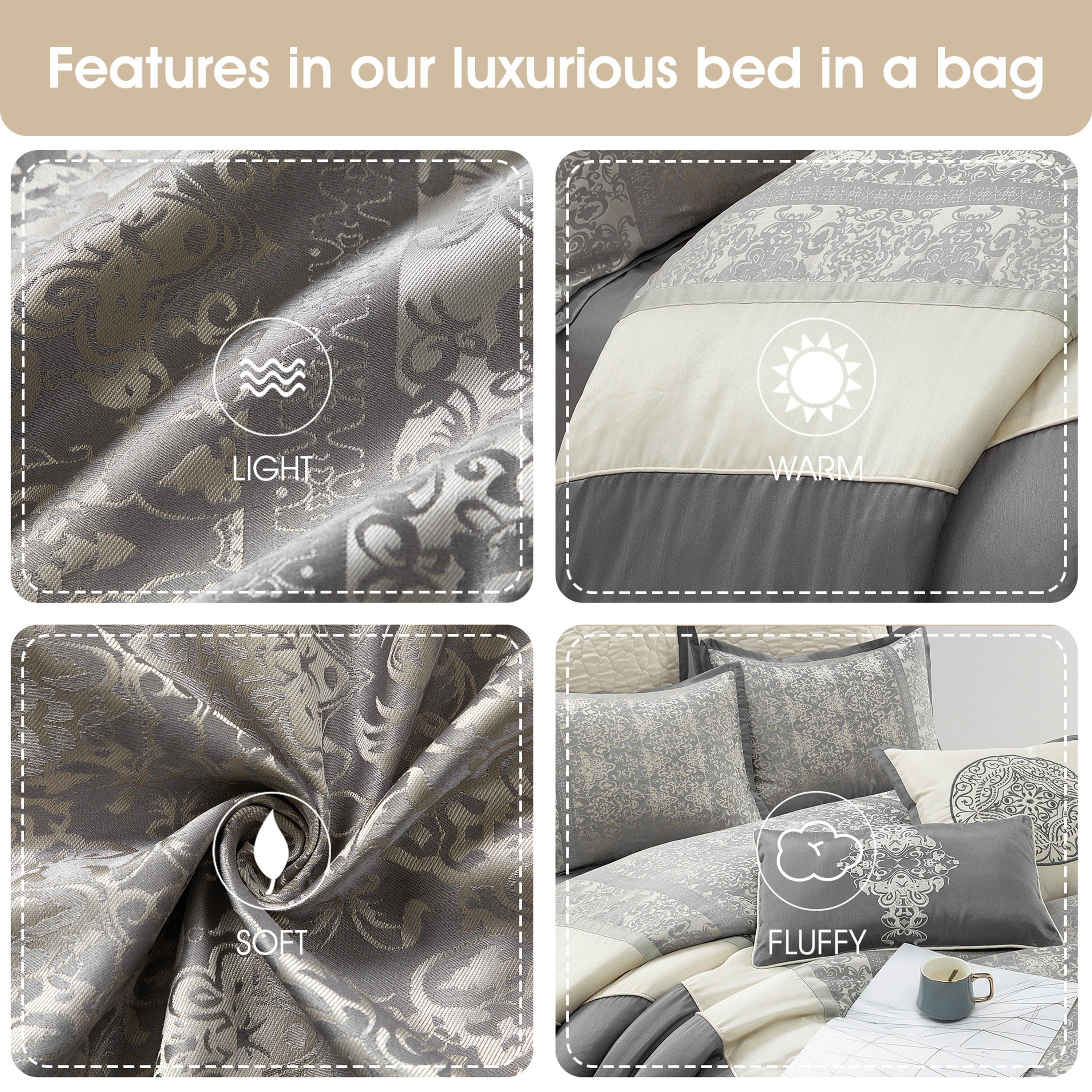 Lanco Damask 8 Piece Comforter Set, Silver/Ivory, King, Fill Polyester, Patchwork