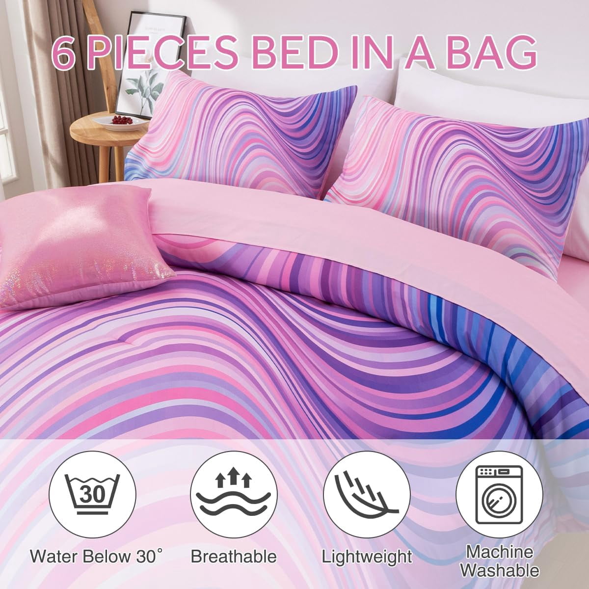 6 Pieces Gradient Star Ring Comforter Set, Colorful Glitter Rainbow Wave Stripes Pattern Bedding Set for Boys Girls Teens, Twin Drak Purple