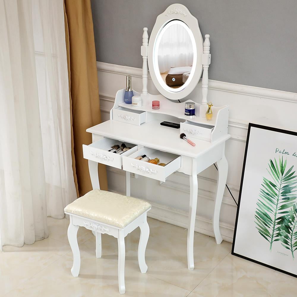 Stylish Crystal Handles Protective White Paint MakeUp Desk With Mirror White Desk with Drawers 4 Drawers imusicat White Dressing Tables for Bedrooms Makeup Table with Mirror and Stool