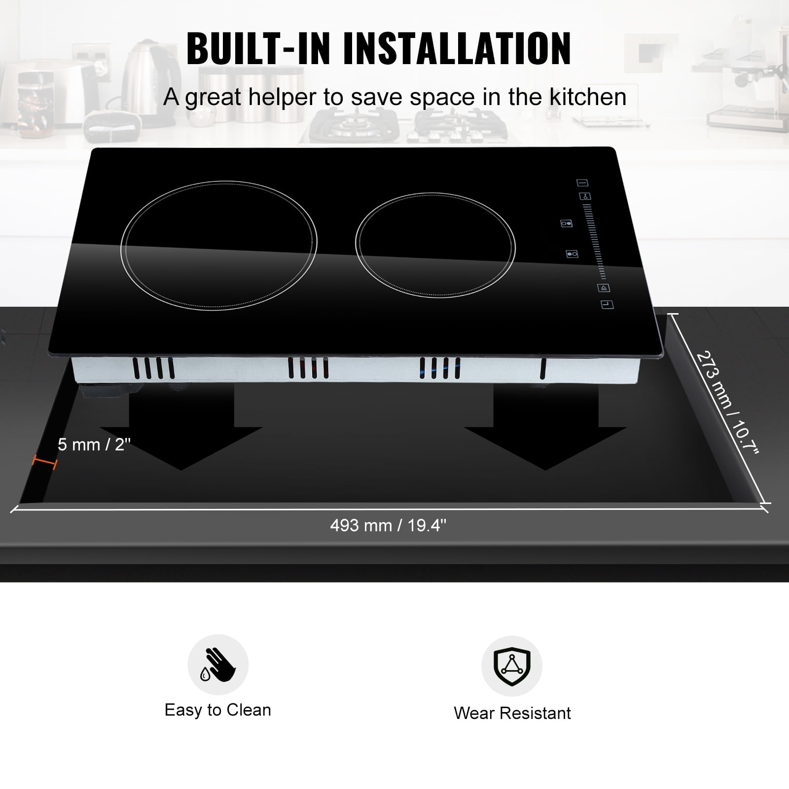 BENTISM 3000W Built-in Electric Cooktop Radiant Induction Cooktop Ceramic Cooktop 2 Burners Sensor Touch Stove 11.6''x20''