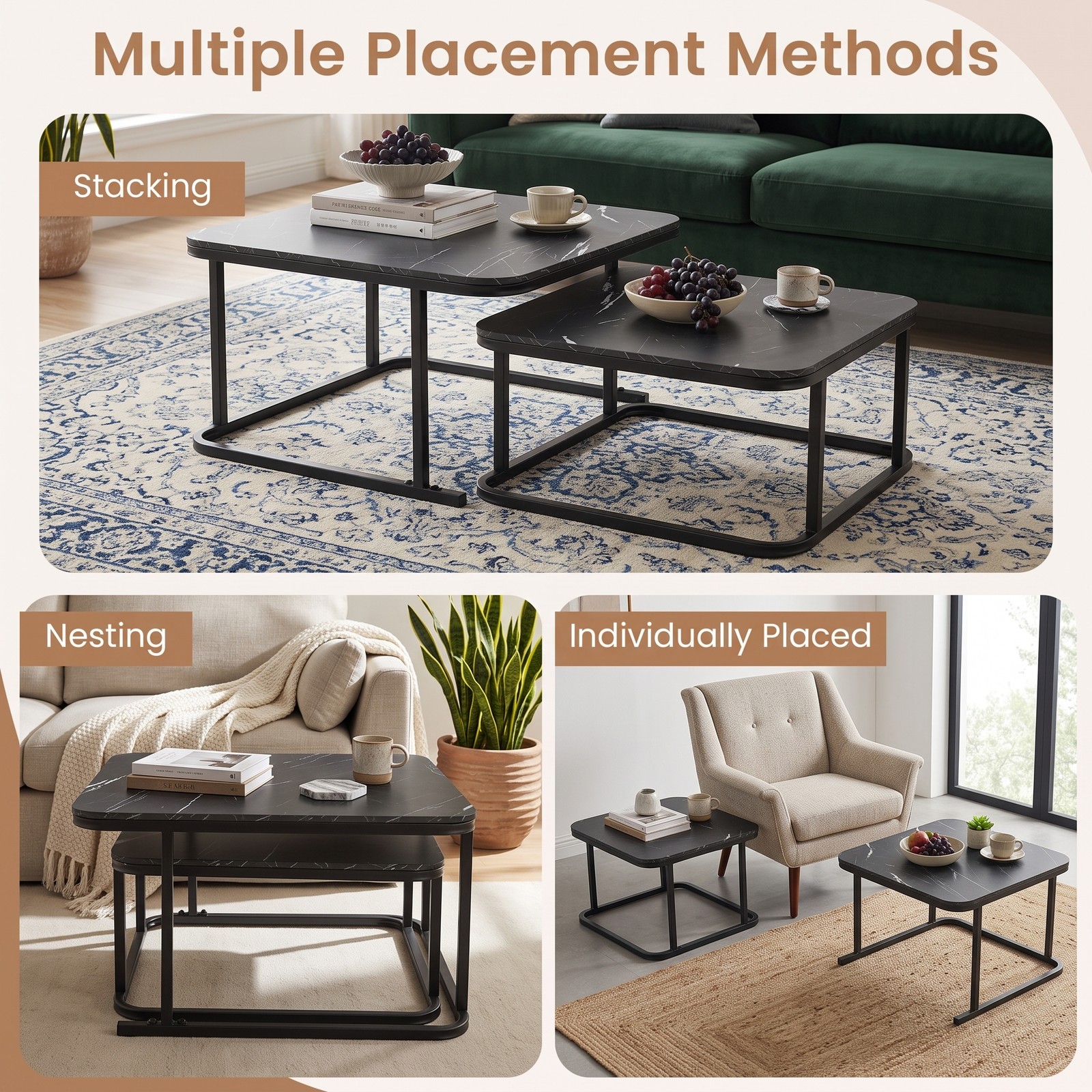 Furnibear Nesting Coffee Table Set of 2, Faux Marble Top Cocktail Tables with Powder-Coated Metal Frame, Stackable Space-Saving Round-Corner Side End Tables for, Black