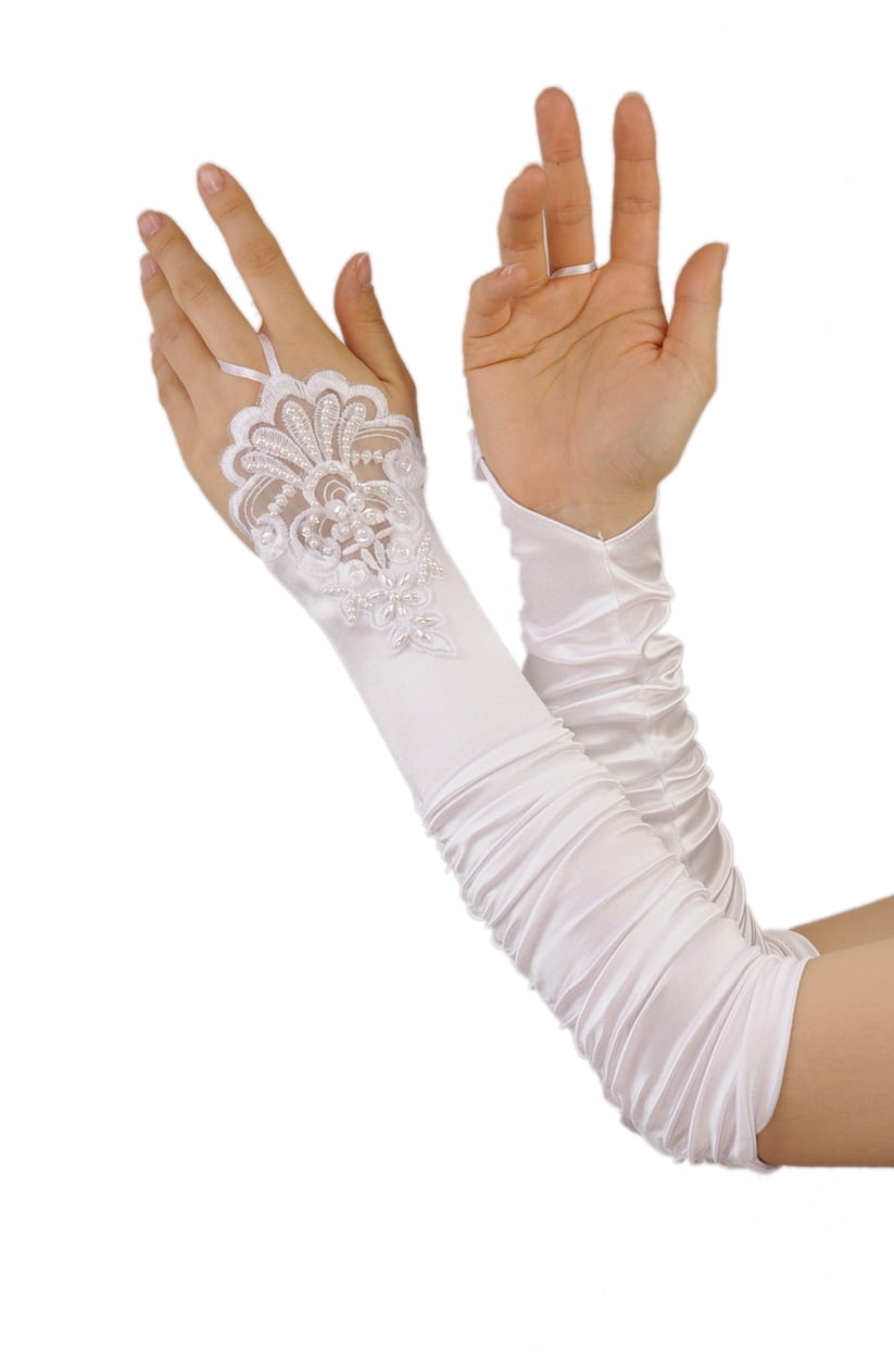 NYfashion101 Fingerless Satin Faux Pearl Beaded Dress Formal Gloves