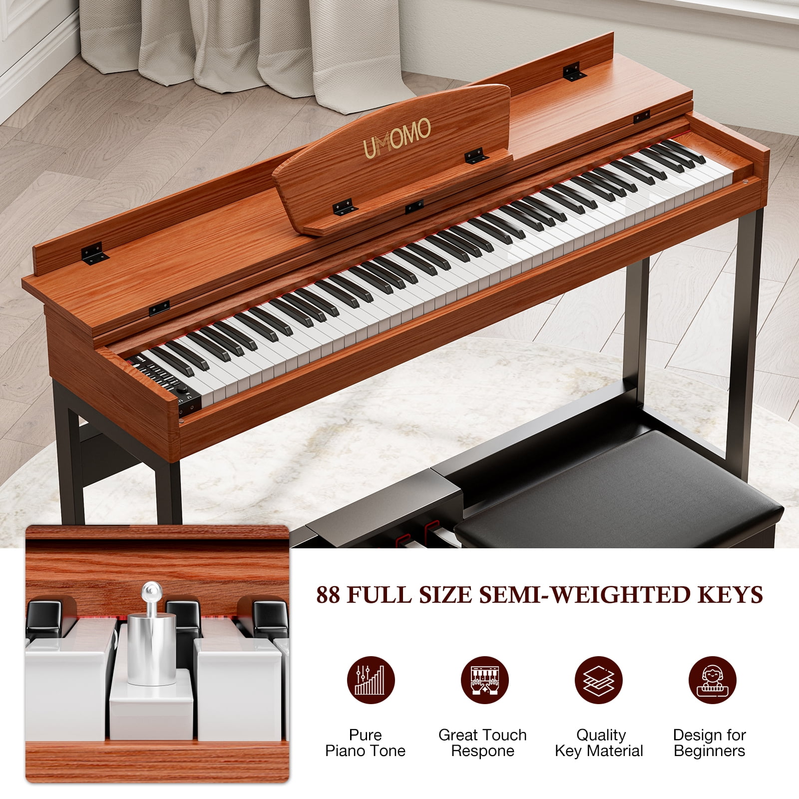UMOMO  88 Key Digital Piano Keyboard, Full Size Electric Piano with Piano Metal Stand, Headphone Jack, 3 Pedal, Electronic Piano for Beginner, Adults, Brown