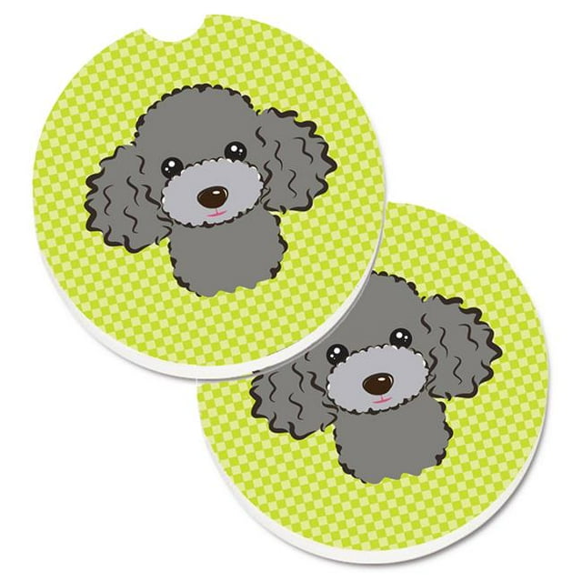 Checkerboard Lime Green Silver & Grey Poodle Set of 2 Cup Holder Car Coaster