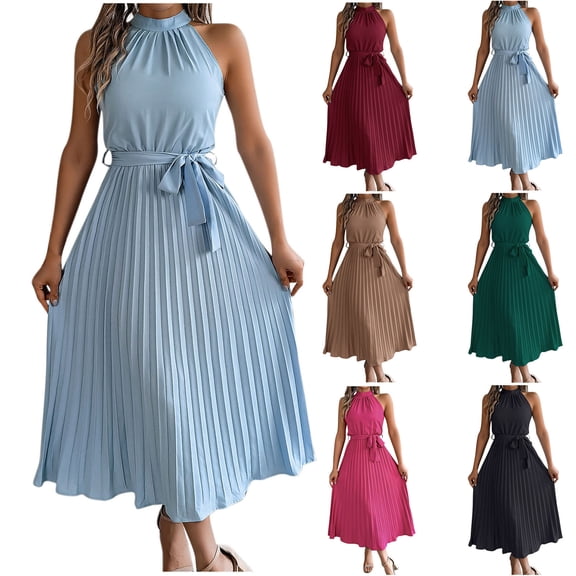 Antinious Women Elegant Round Neck Sleeveless Elastic Waist Pleated Soft Comfortable Dress