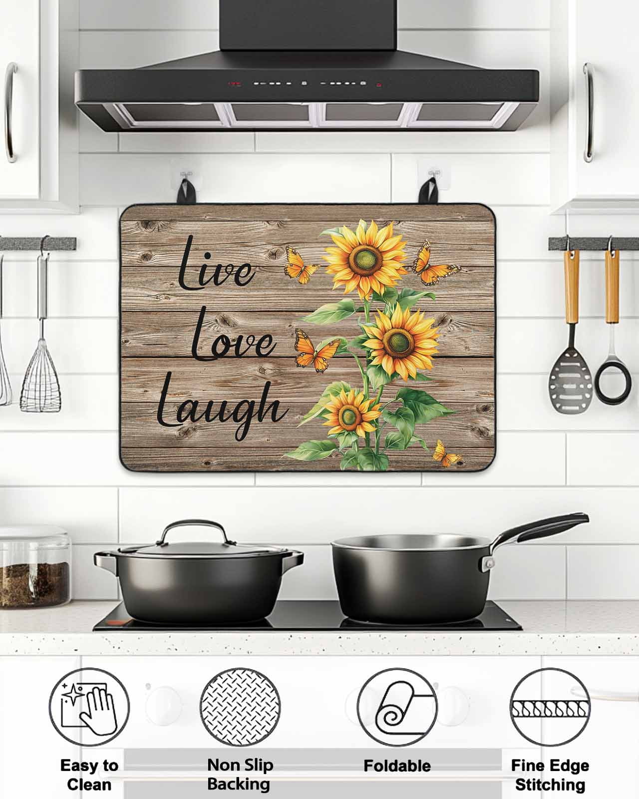 Stove Top Covers for Electric Stove, Sunflower Rustic Glass Stovetop Cover Protector, Vintage Wooden Flowers Butterfly Induction Cooktop Protector Oven Mat for Kitchen Countertop 24"x21"