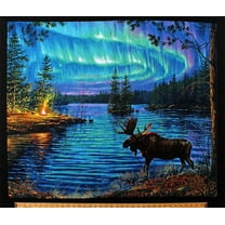 35" X 44" Panel Moose Northern Lights Northwoods Landscape Campfire Aurora Borealis Camping Lake Nature Scenic Cotton Fabric Panel (9600BLACK)