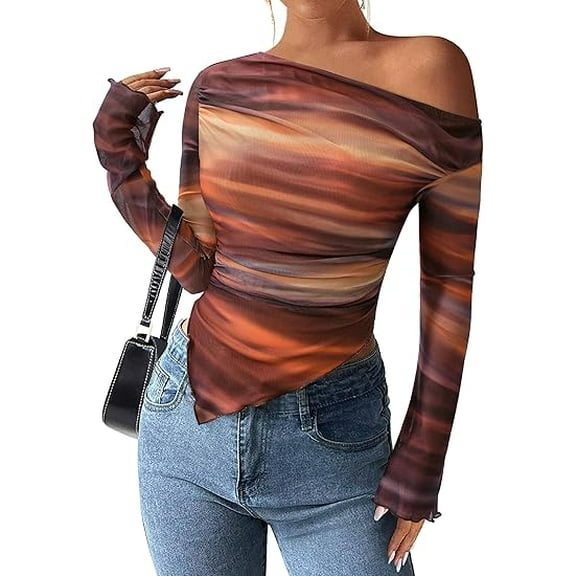PRETTYGARDEN Womens Fall Trendy Off Shoulder Y2k Tops Tie Dye Mesh Long Sleeve Shirts Asymmetrical Ruched Floral Blouse
