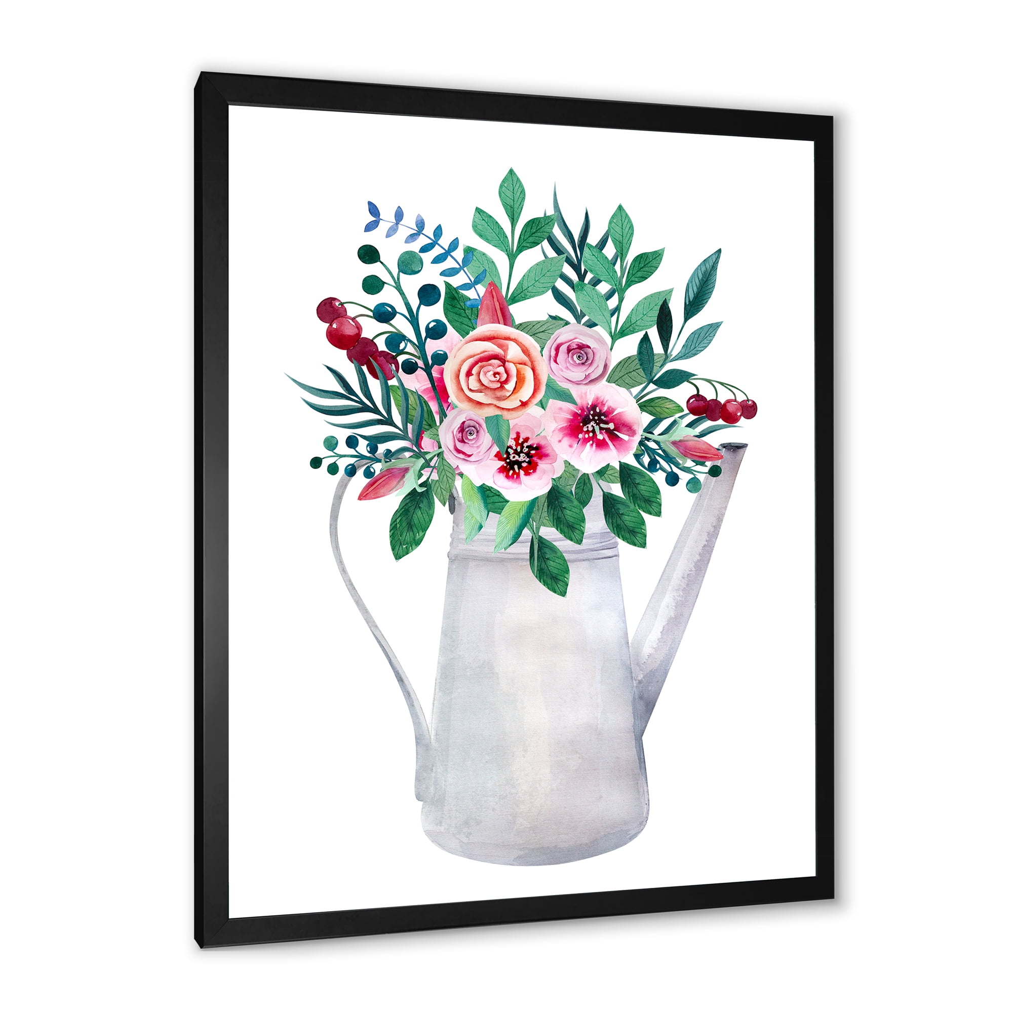 Bouquets of Flowers In Rustic Flowering Pot With Berries 16 in x 32 in Framed Painting Canvas Art Print, by Designart
