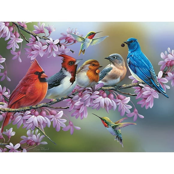 Bits and Pieces “Birds on a Flowering Branch” Jigsaw Puzzle for Adults - Cardinals, Bluebird & Hummingbird Nature Scene by Artist Oleg Gavrilov - Random Die-Cut Pieces