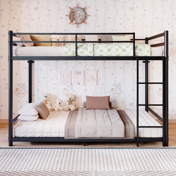 Leumius Bunk Bed Twin Over Twin, Metal Twin Size Bed Frame with Safety Guardraild for Boys Girls, Junior, Low Profile Space Saving Design,Black