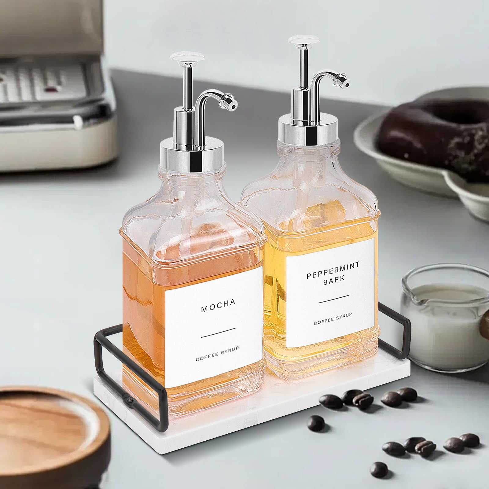 Coffee Syrup Dispenser For Bar  Clear Glass Bottles With Pump Refillable Maple Storage Station Accessories And Organizer 500ml Set Of 2 + Tray (chrome Finish)