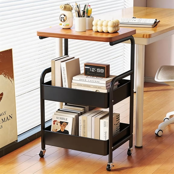 3 Tier Rolling Pantry Storage Cart with Wooden Tabletop, Metal Storage Cart on Wheels, Snack Cart for Office Living&Dining Room Bedroom, Black