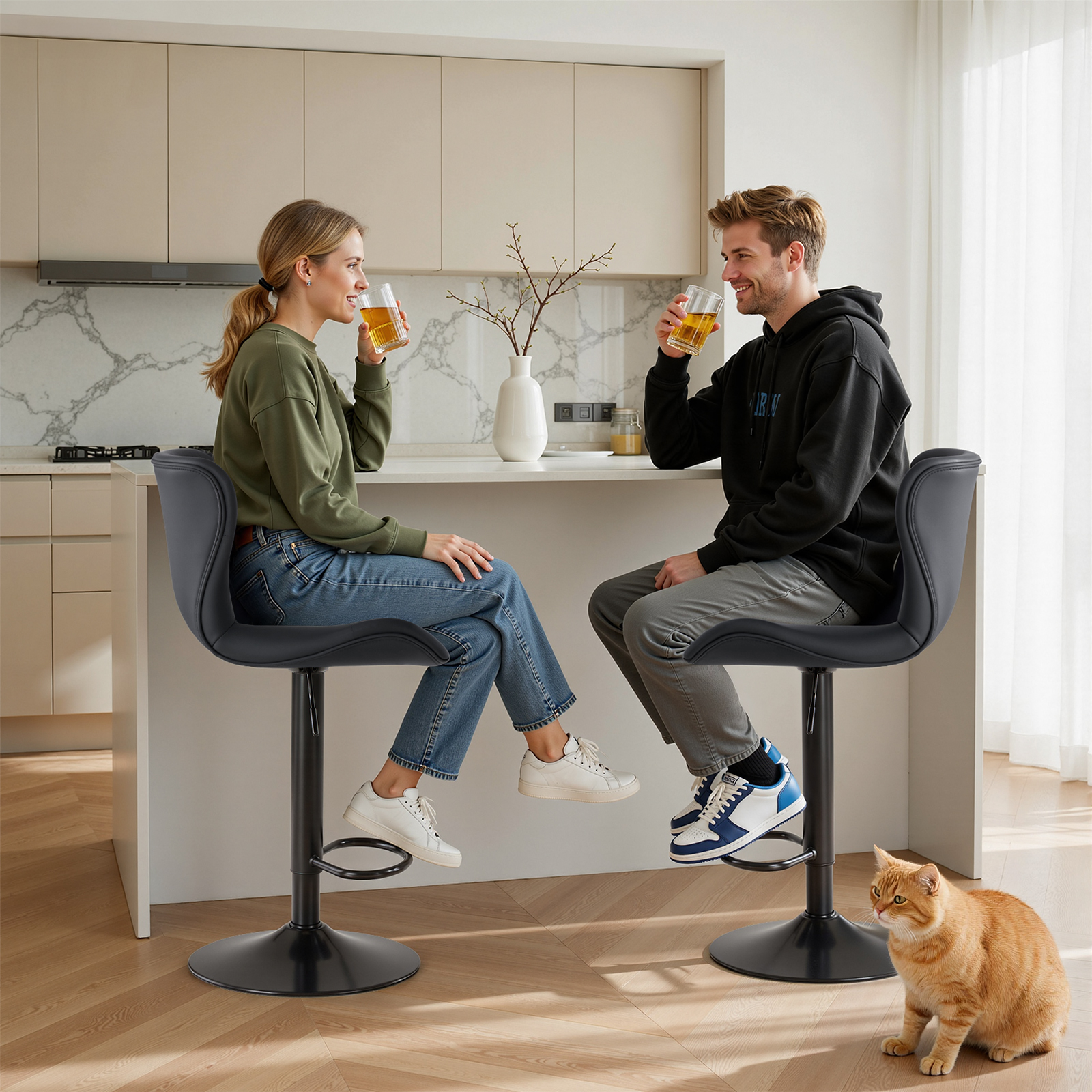 EDX Bar Stools Set of 2, Modern Adjustable Armless Swivel Counter Stools with PU Leather, Black