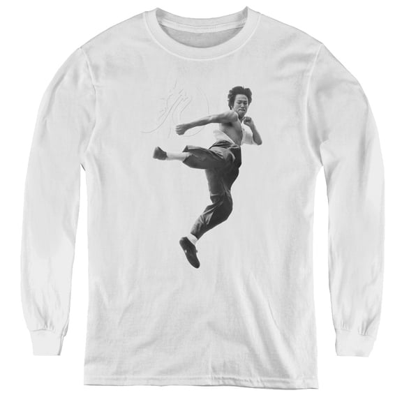 Bruce Lee Flying Kick Youth Long Sleeve T-Shirt Tee White