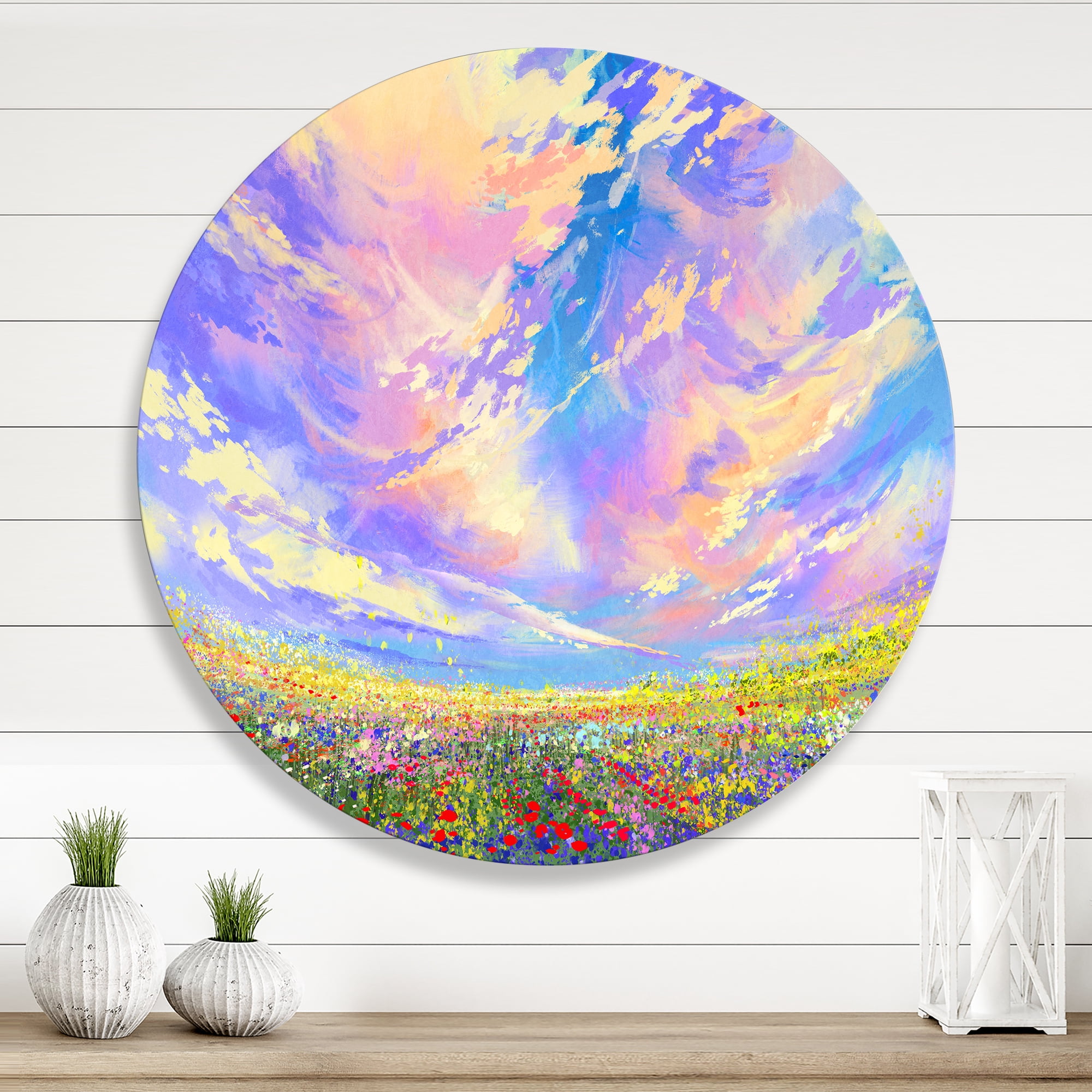 Designart 'Gorgeous Clouds Over Colorful Flowers In Field' Traditional Circle Metal Wall Art 23x23 - Disc of 23