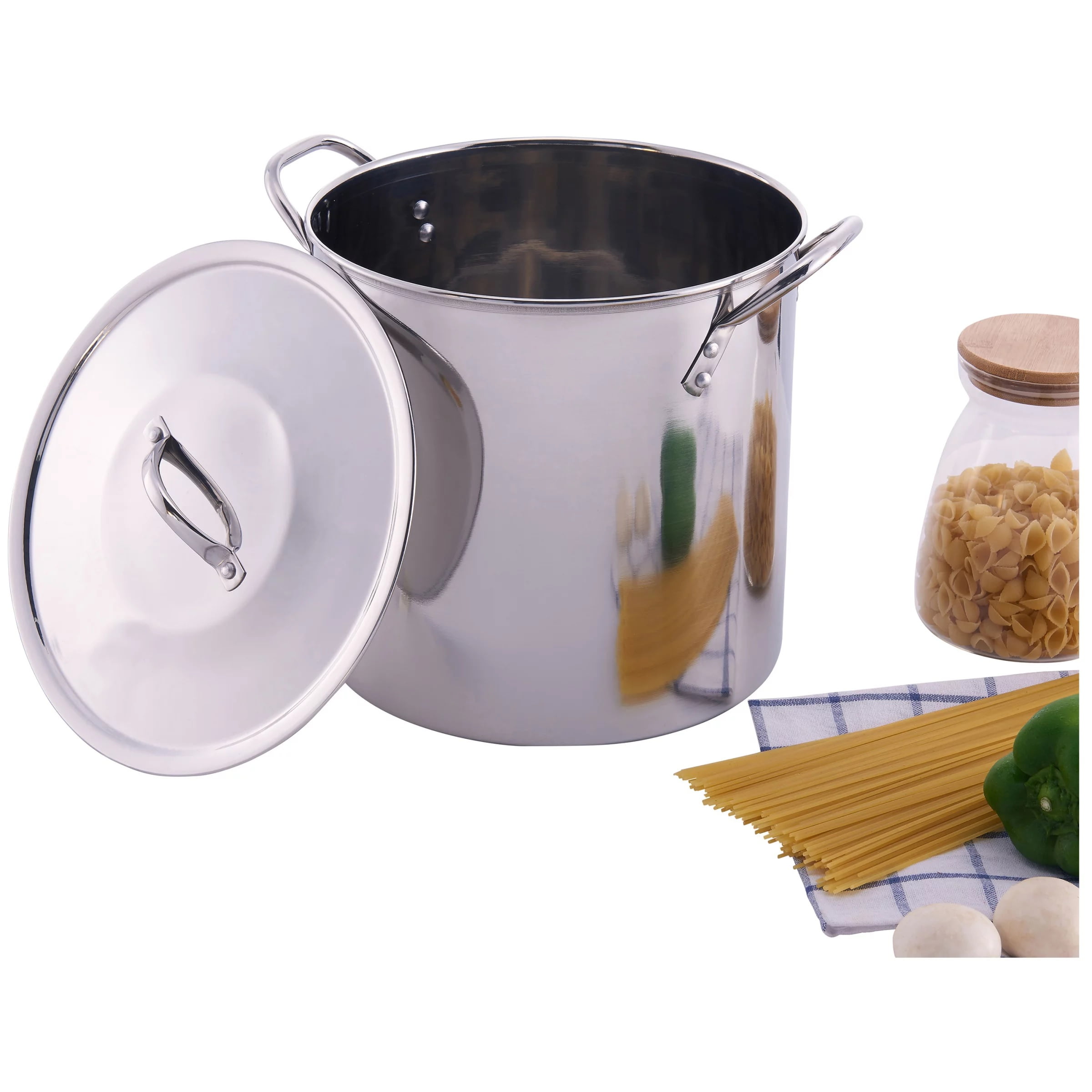 Mainstays 16-Quart Stainless Steel Stock Pot with Metal Lid, Riveted Handles, Stay-Cool Design