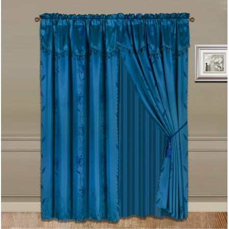 Silk Teal Curtains NADA TEAL TURQUOISE COMPLETE WINDOW CURTAIN SET 2 panels faux silk LEAF FLORAL 2 PANEL solid SHEER 2 attached VALANCE 2 TASSEL THICK HEAVY WINDOW CURTAIN drape 108