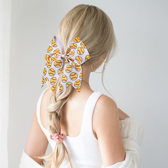 NUOLUX 5Pcs Elastic Hair Scrunchies for Thick Hair Softball Themed Yellow Bow Accessories