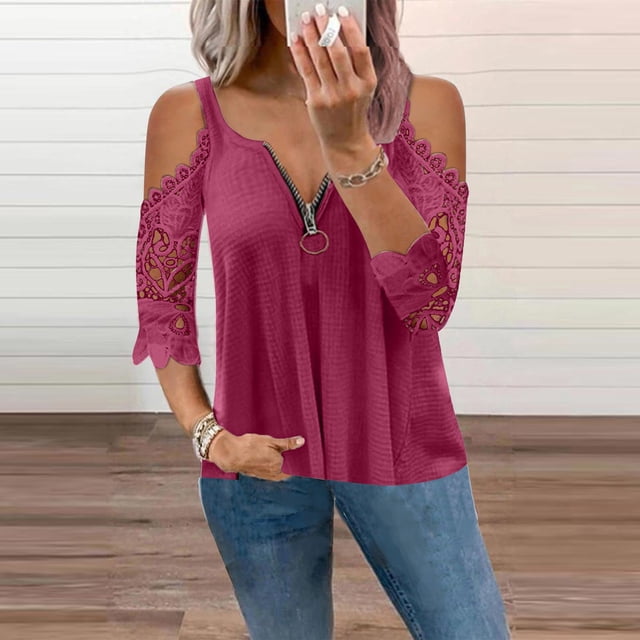 Pntutb Mujer Casual Encaje Media mangav-Cuello Cremallera Hollow Out Camiseta Blusa tops Pntutb Pntutb-846