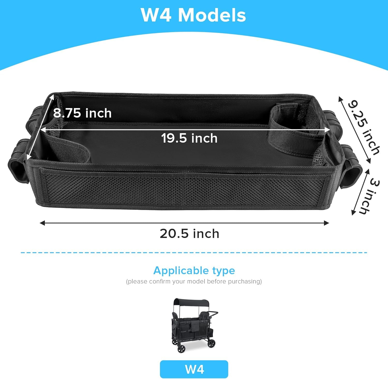 Stroller Snacks Tray for Wagon W4, Double Sided Bottom Padding - Storage Mesh Pockets - 2 Kid’s Cup Holders, Faux Leather Polyester Side Easy to Clean for Eating & Activities(W4 Series)