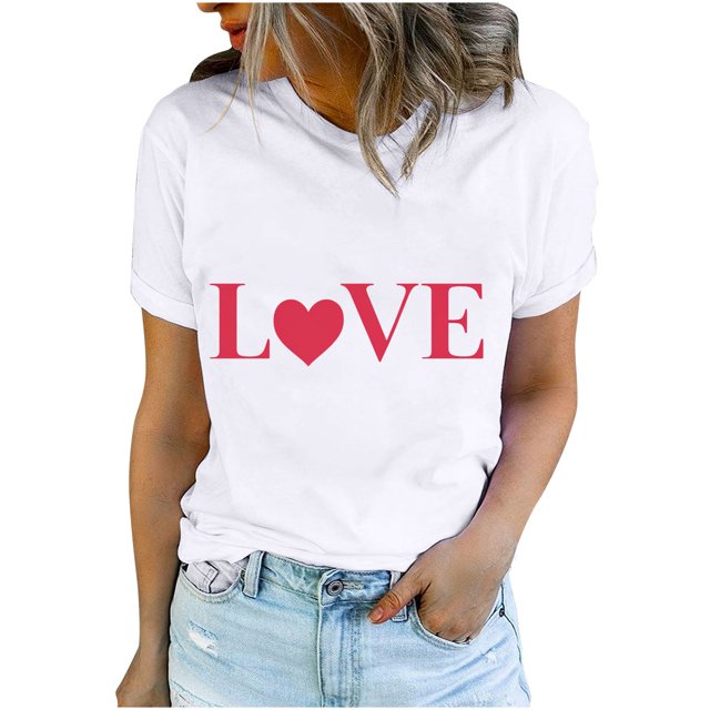 Diufon Hauts de la Saint-Valentin pour Femmes Décontracté Tendance Manches Courtes Col Rond Chemise Mignonne Imprimé Graphique Chandail Blouse