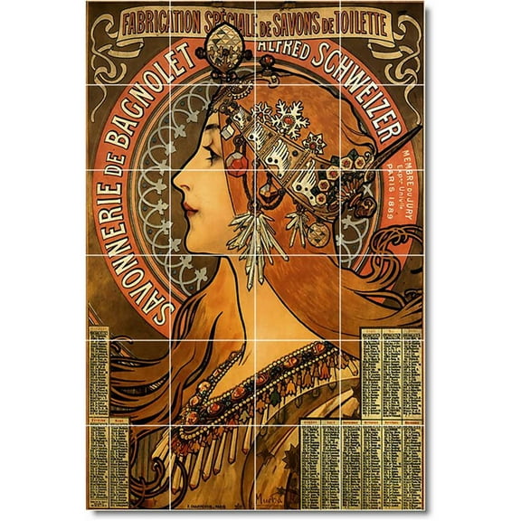 Ceramic Tile Mural-Alphonse Mucha Poster Art Wall Tile Mural 4. 17" w x 25.5" h using (24) 4.25 x 4.25 ceramic tiles