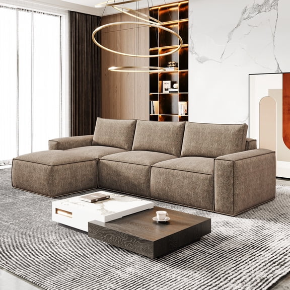 Neche 114" Cloud Sofa for Living Room, L-Shaped Deep Seat Modular Boneless Couch, No Assembly Required,Brown