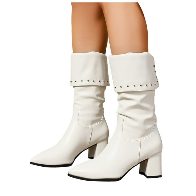 Womens Winter Slouchy High Heel Boots Mid Calf Suede Slip on Chunky Block Pointed Toe Fold Over Boots