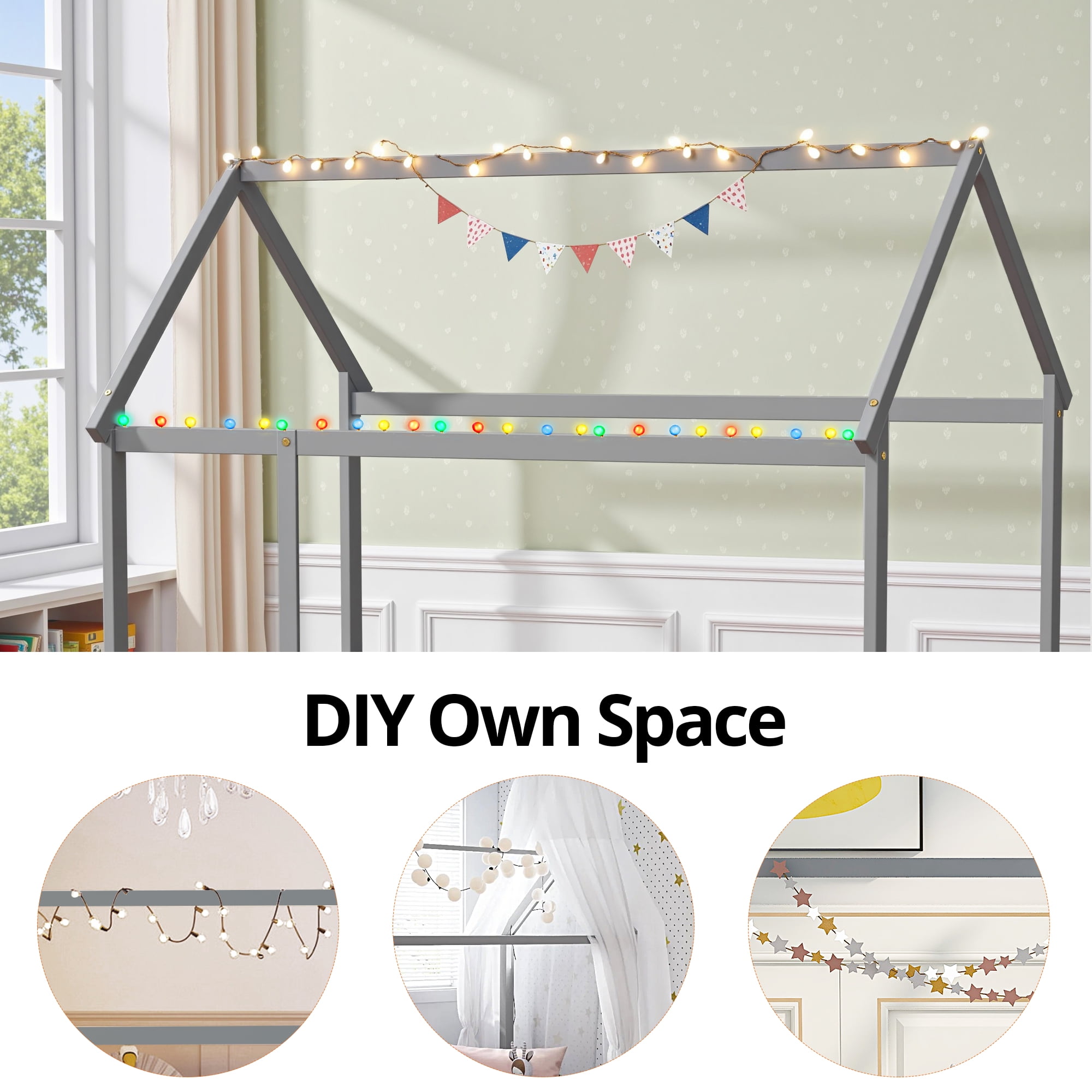 Twin Size Floor Bed, House Floor Wood Bed with Roof Frame for Kids Toddlers Teens, Montessori Bed Frame with Fence-Shaped Guardrail, without Slats, Gray