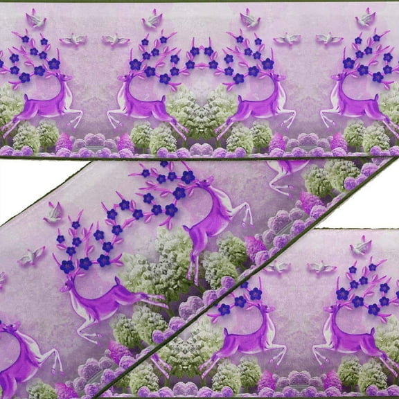 IBA Indianbeautifulart Blue Tree|Bird & Reindeer Animal Fabric Lace Dressmaking Velvet Trim Tape Printed Sewing Lace 9 Yards 3 Inches