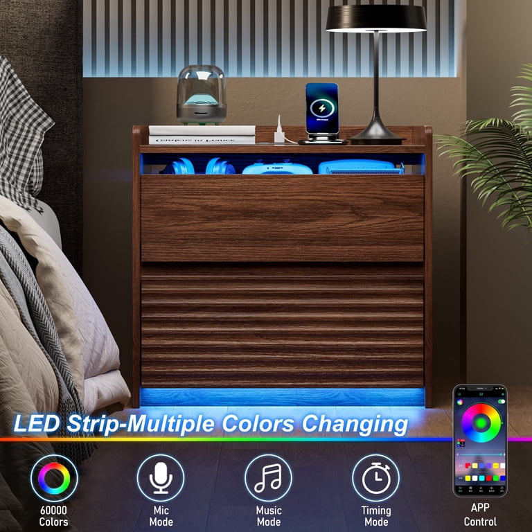 Satifur Smart LED Nightstand, Walnut Fluted Design photo 5