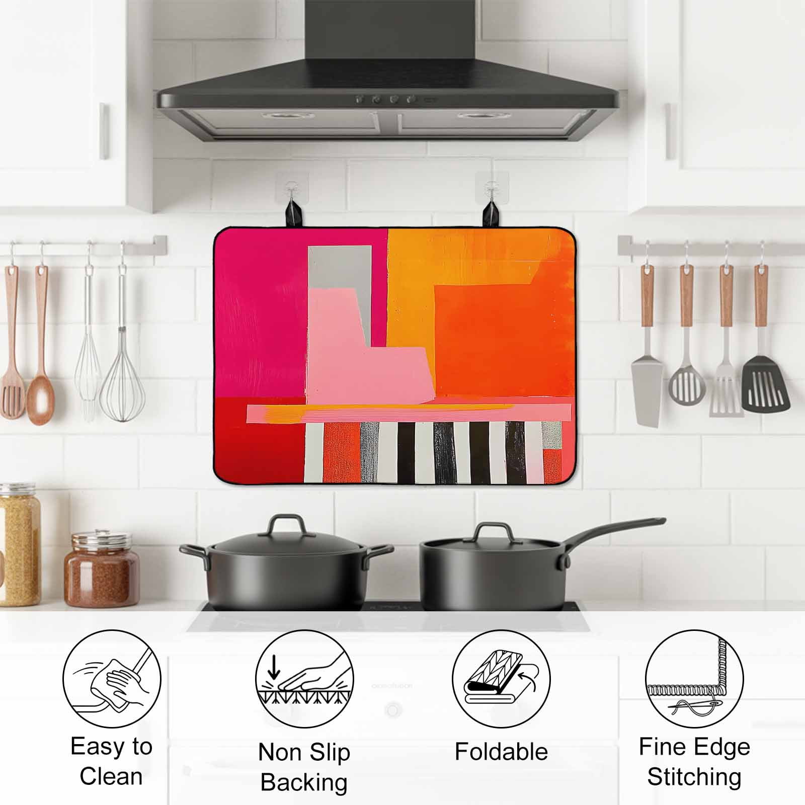 Pink Orange Stove Top Cover for Electric Stove, Heat-proof & Non Slip Glass Top Stove Cover Protector, Geometric Modern Abstract Oil Painting Kitchen Flat Cooktop Rubber Mat 24x21 Inches
