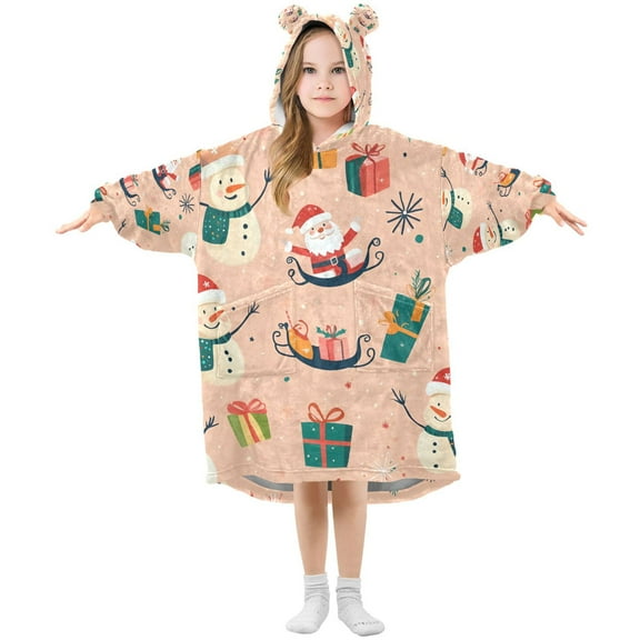 FORMRS Wearable Blanket Hoodie with Sleeves for Kids Cozy Flannel Sweatshirt, Beige Christmas Snowman