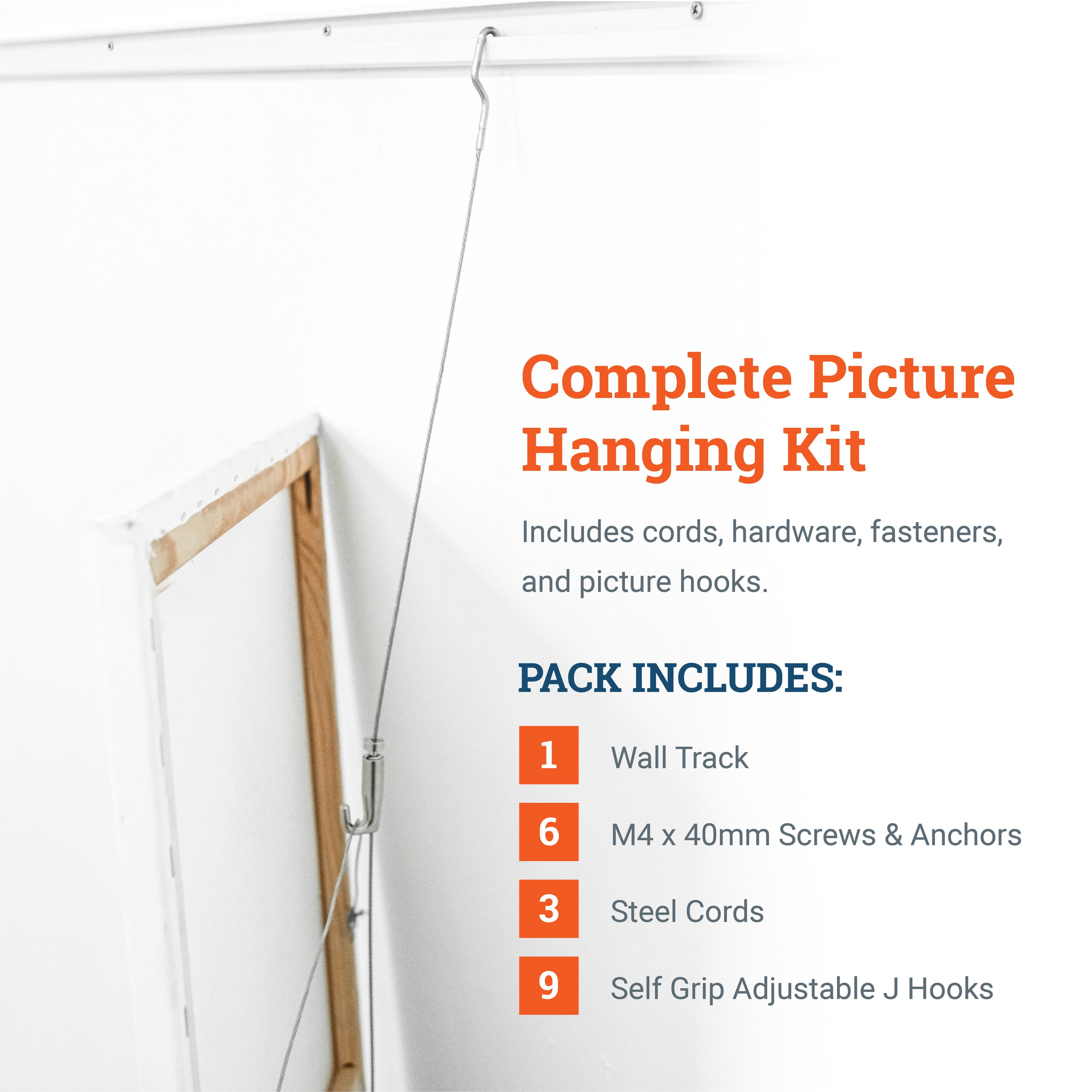 Picture Hang Solutions - Track 101 Picture Rail Kit - Includes 79-inch Wall Track, Steel Cords, Adjustable Hooks, and Hardware - Gallery Hanging Systems 1 set per pack